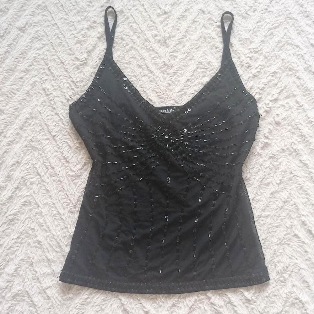 Y2K Sheer Black Beaded Sequin Mesh Fairy Top